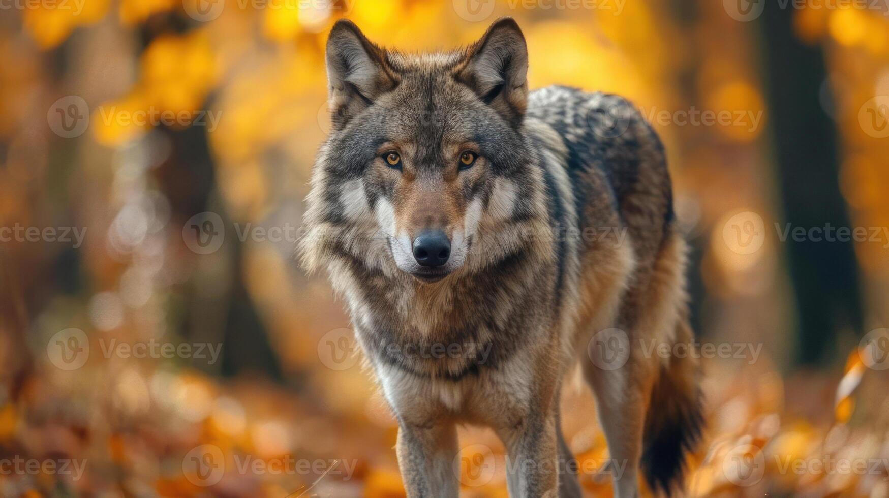 A wolf stands alert amidst the fall foliage. photo
