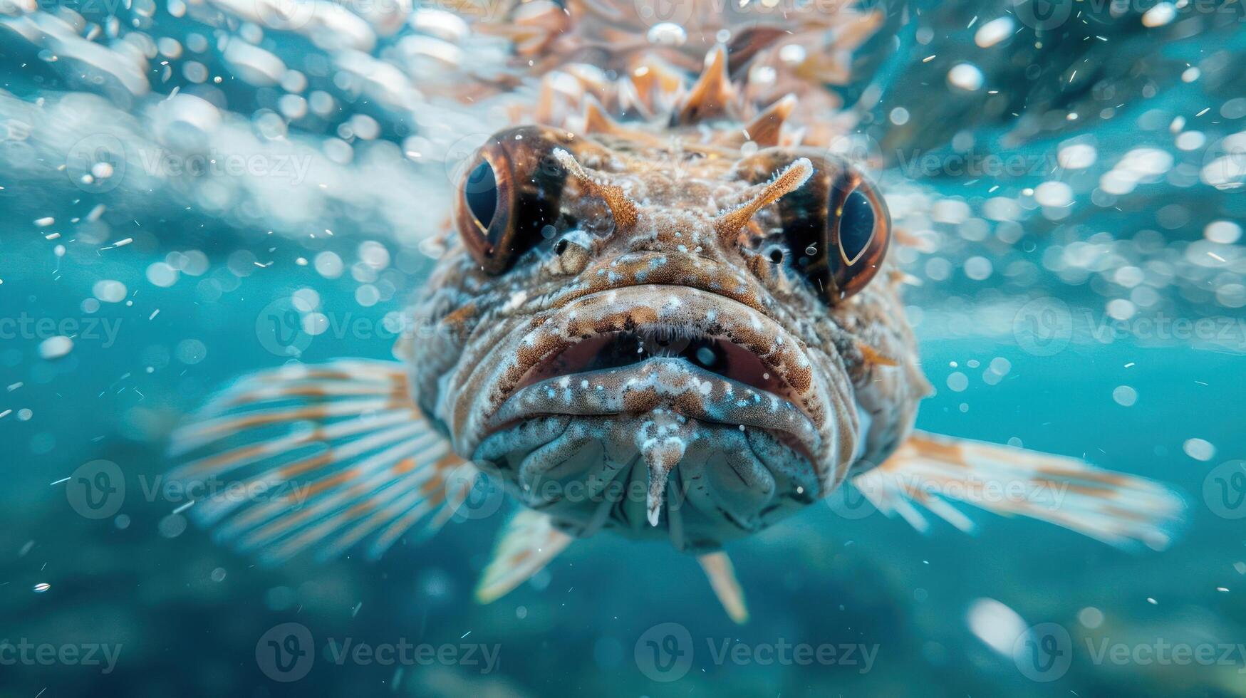 A close-up photo of a large, red and orange fish's face during an underwater scuba dive encounter.