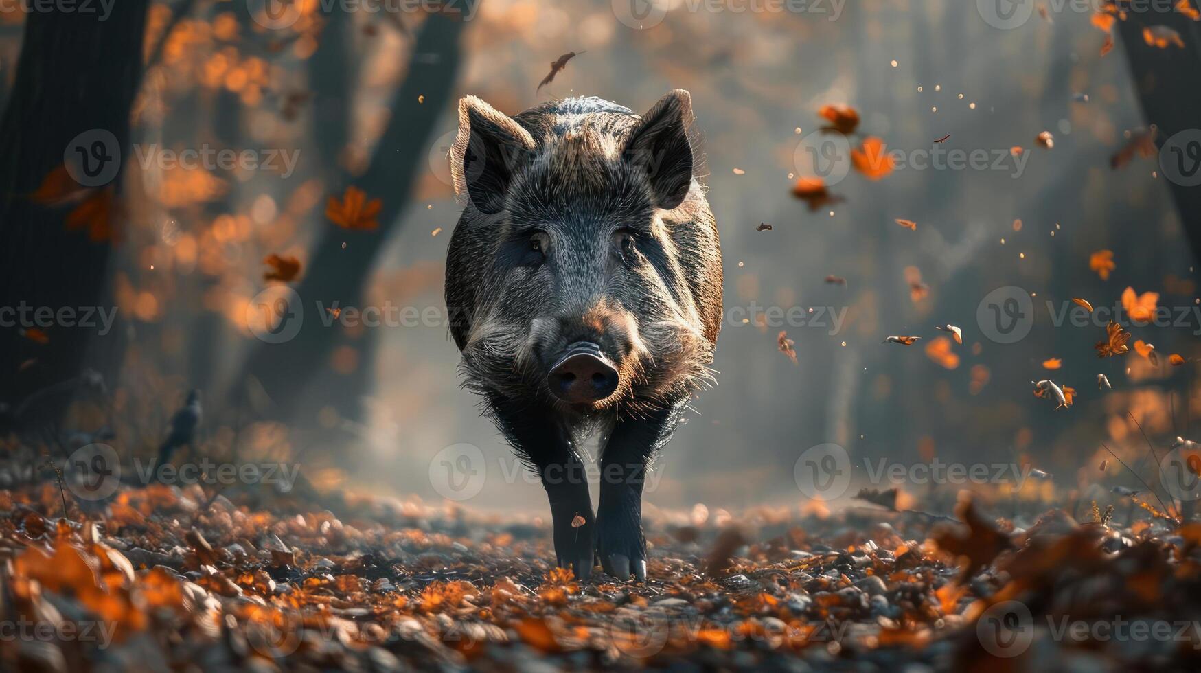 A pig is walking through a forest of falling leaves. photo