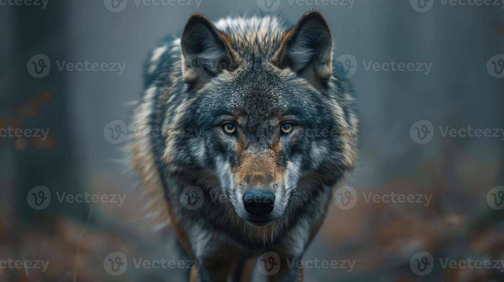 the powerful presence of a gray wolf walking through a misty forest with its piercing gaze and impos photo