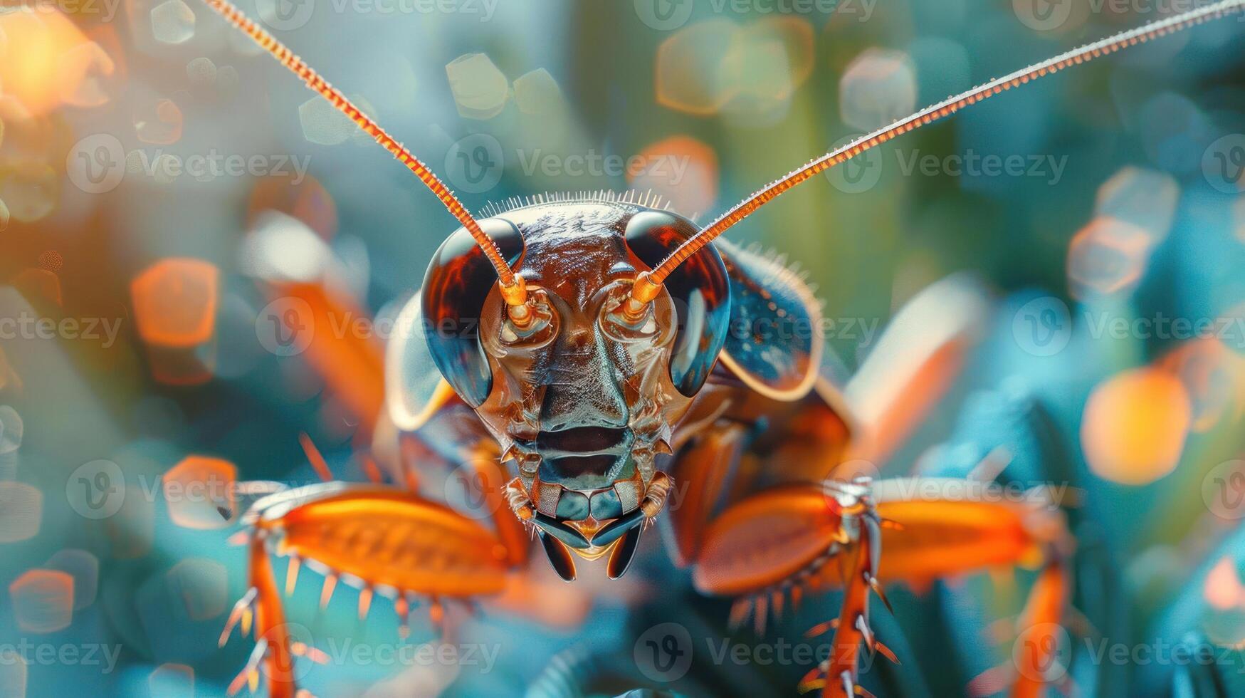 Image of a close-up bug with vibrant colors and bokeh background photo
