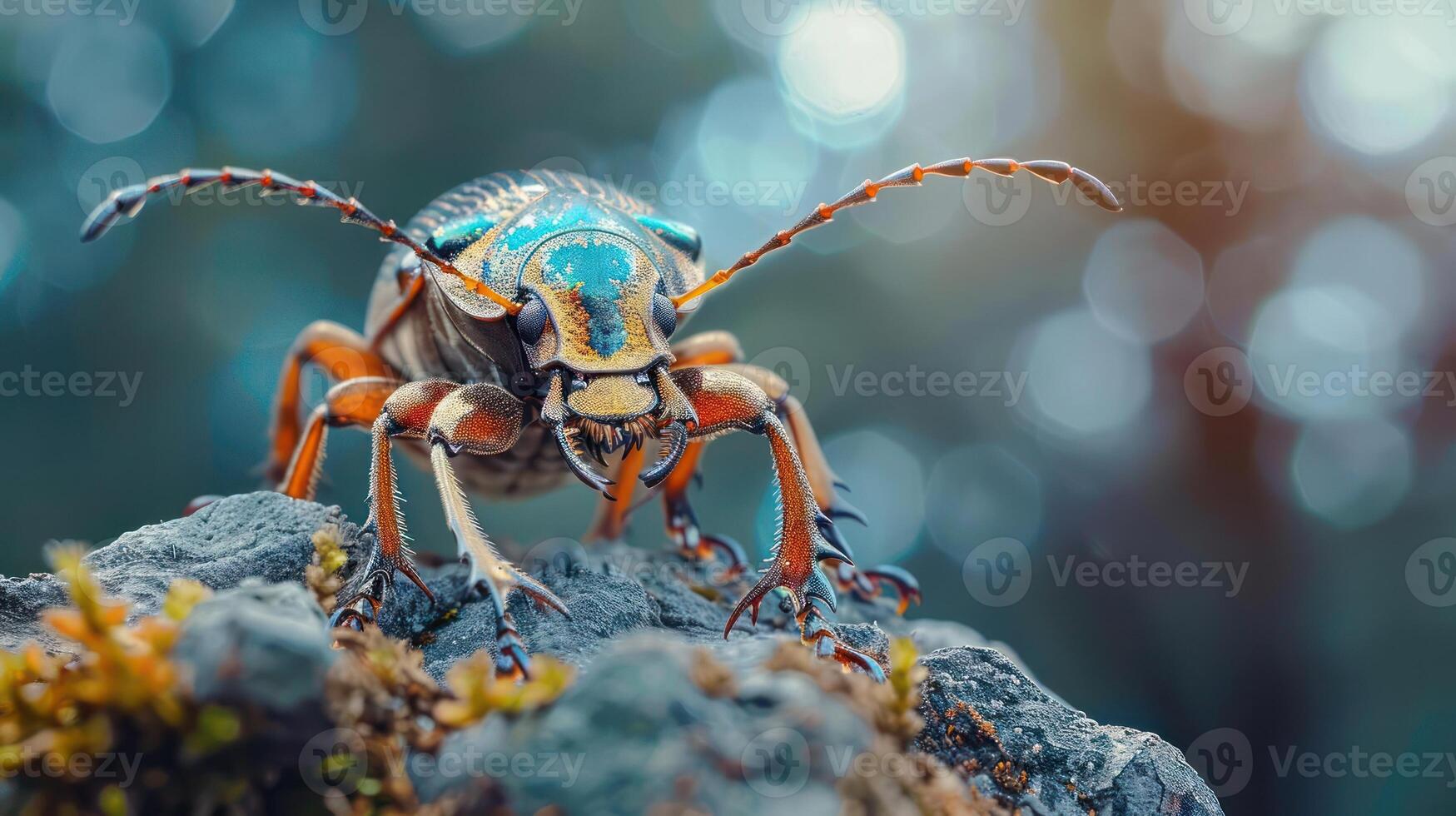 A brightly colored bug with vivid blue and red markings perched on a mossy, rock surface. photo