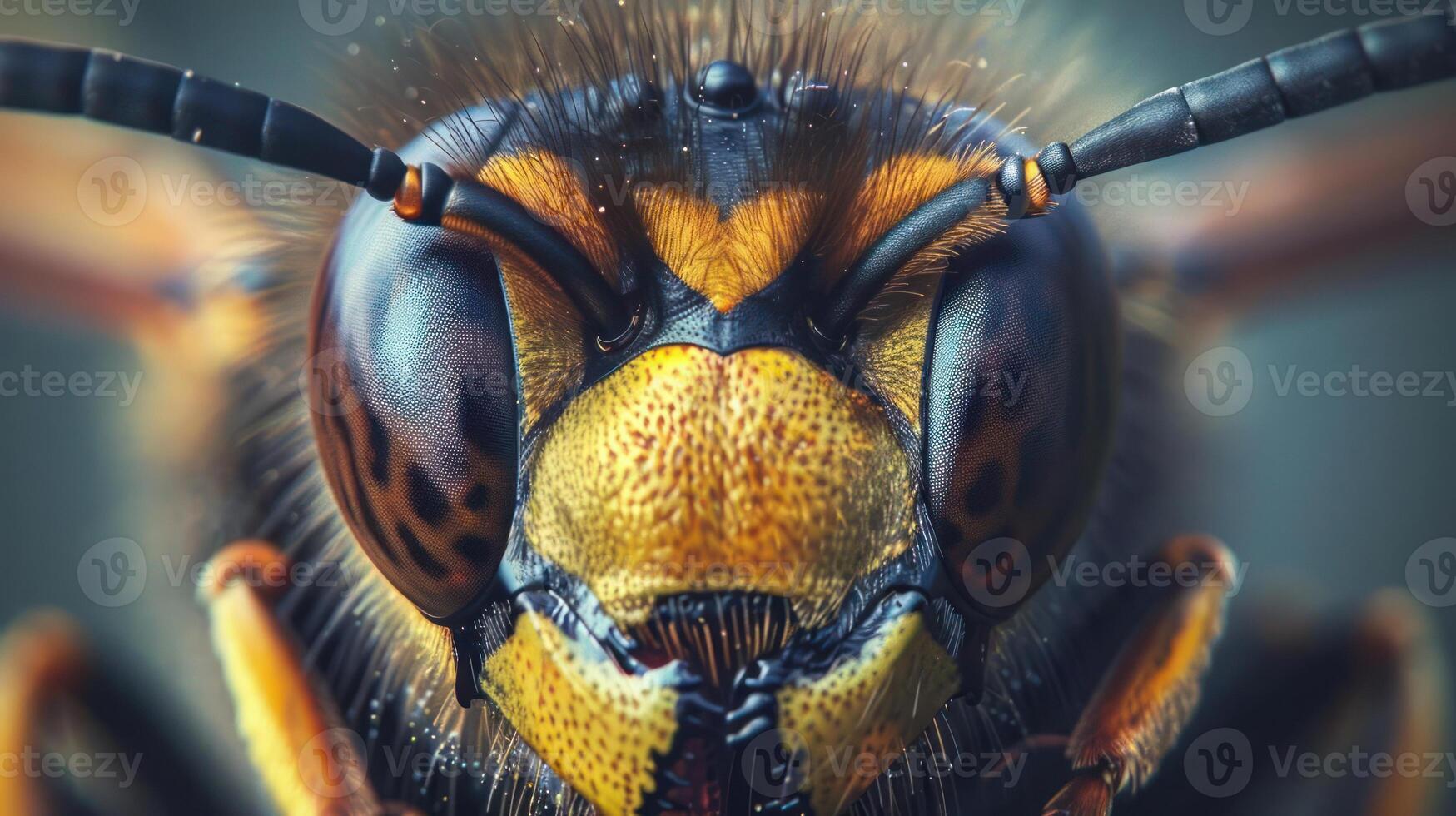 A side view of a bees head with a focus on its mouthparts, photo