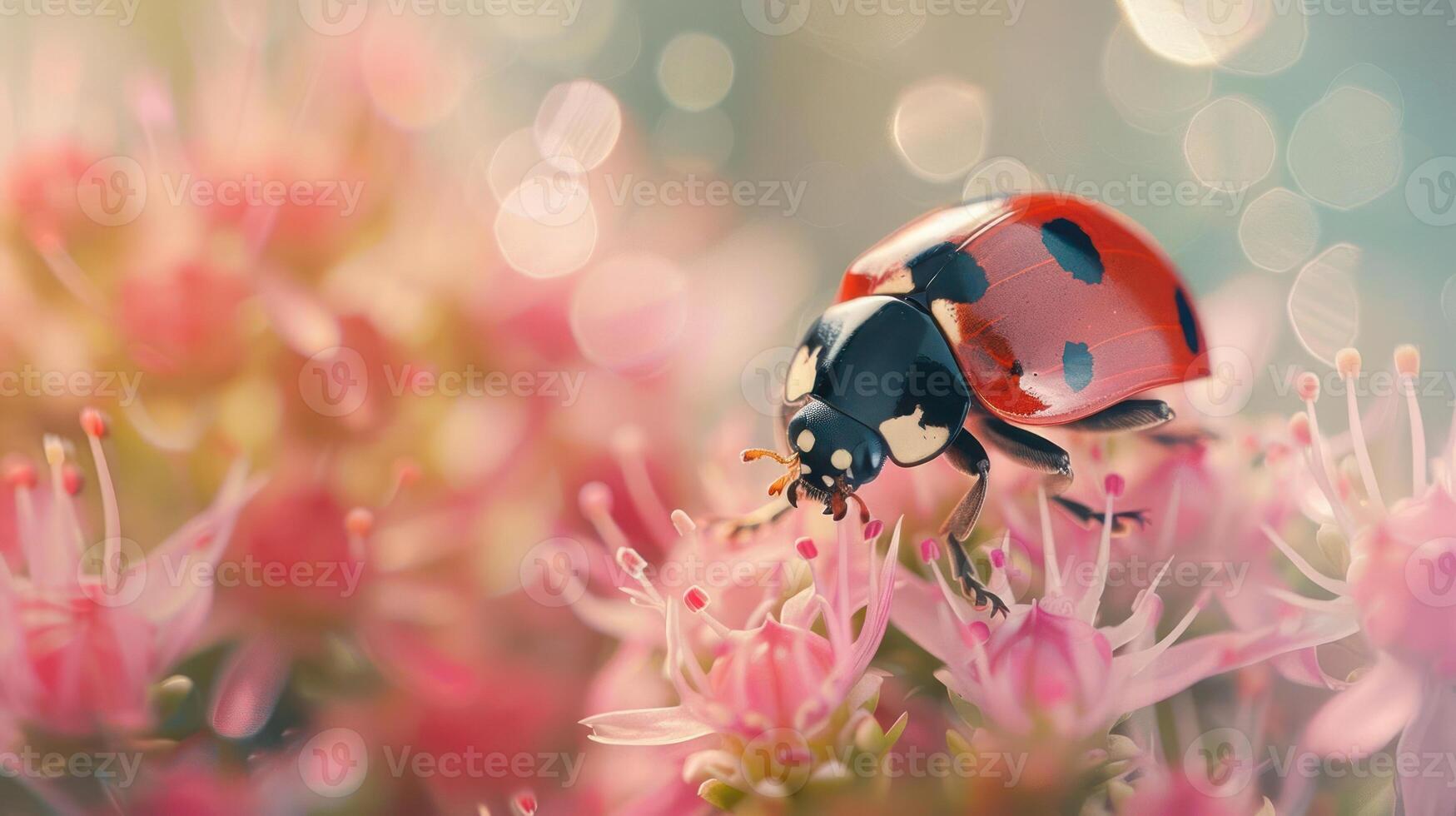 A photograph of a vibrant red ladybug walking through pink flowers, photo