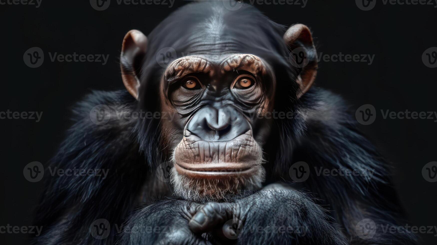 A well-dressed monkey with a human-like expression, sitting and looking upward. photo