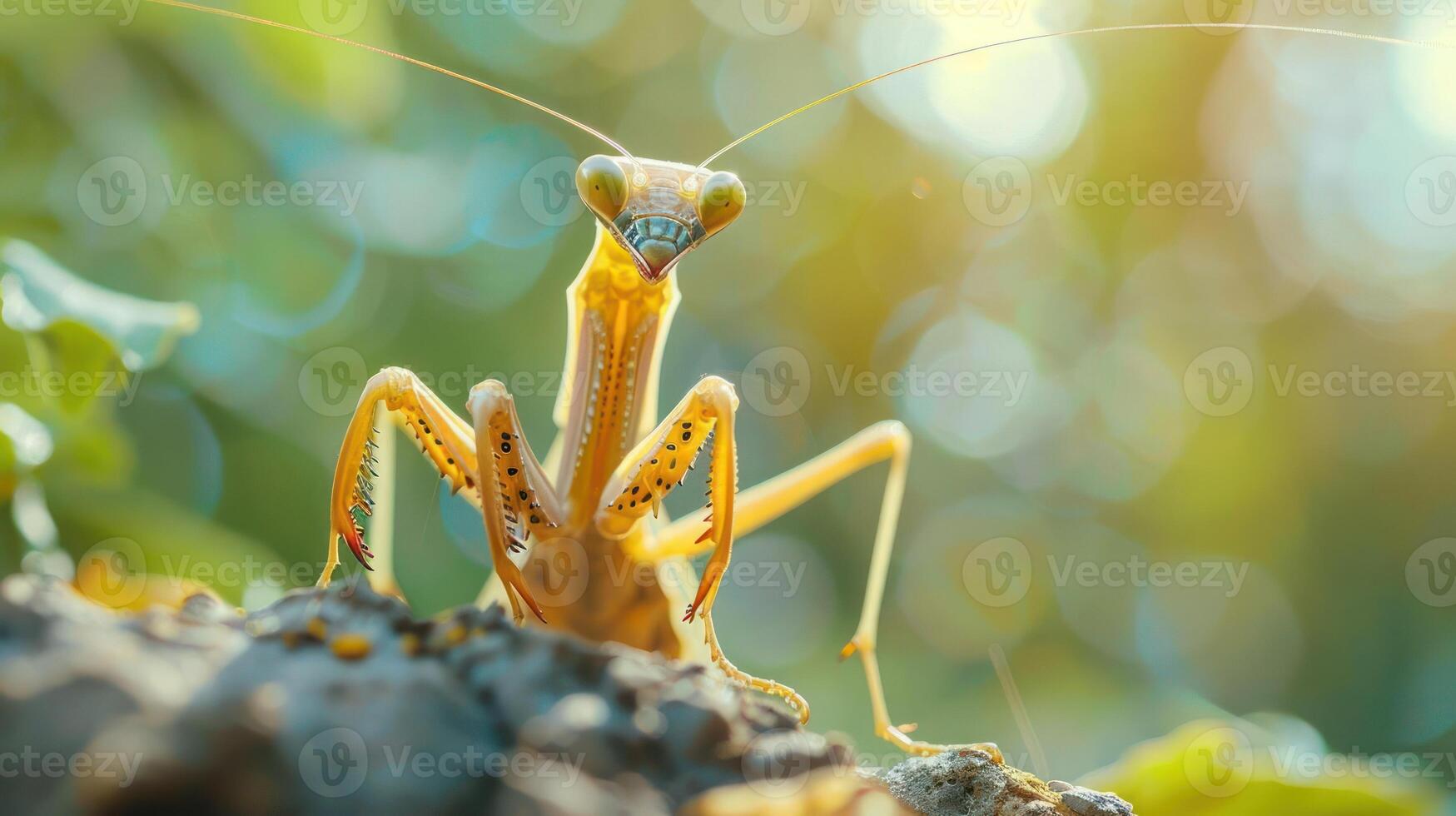A close-up photo of a vibrant praying mantis, with its brightly colored eyes and intricate patterns.