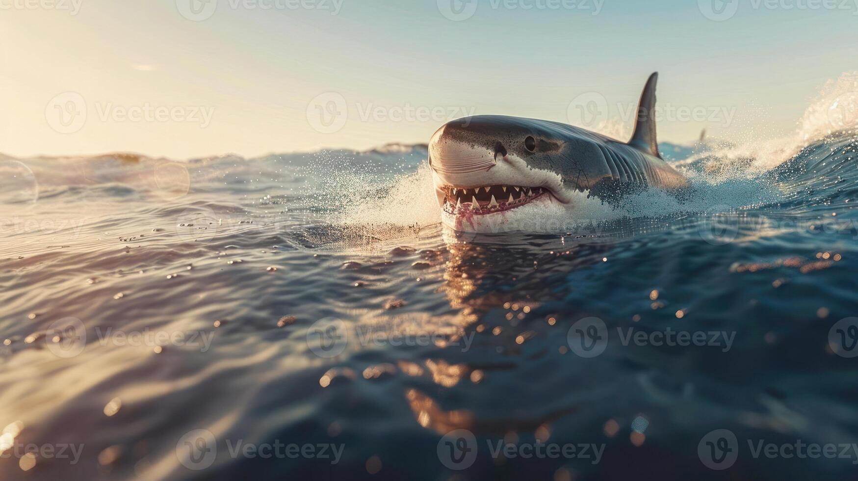 Close-up photograph of a shark swimming under the ocean's surface. photo