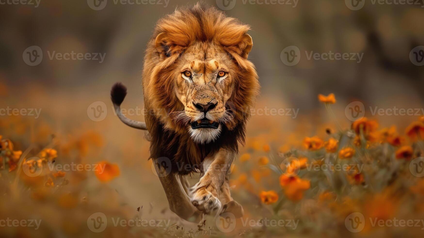 A majestic lion in full stride, photo