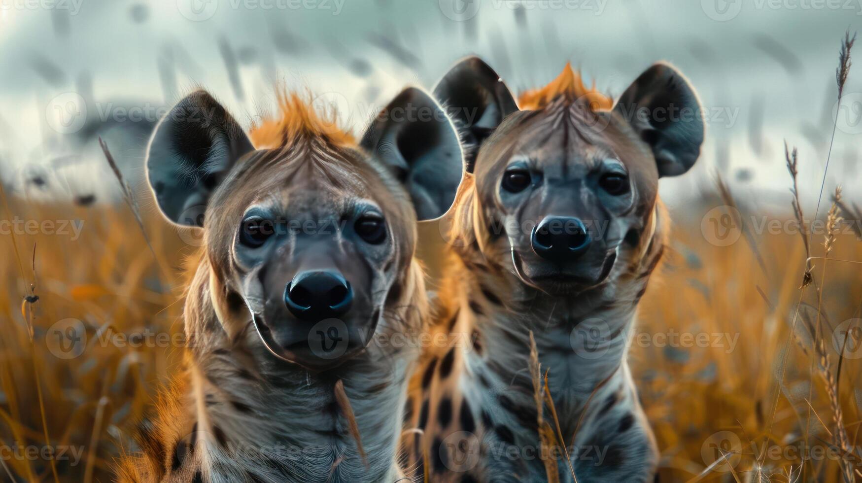 Two zebra foals standing in the wilderness looking at the camera, photo