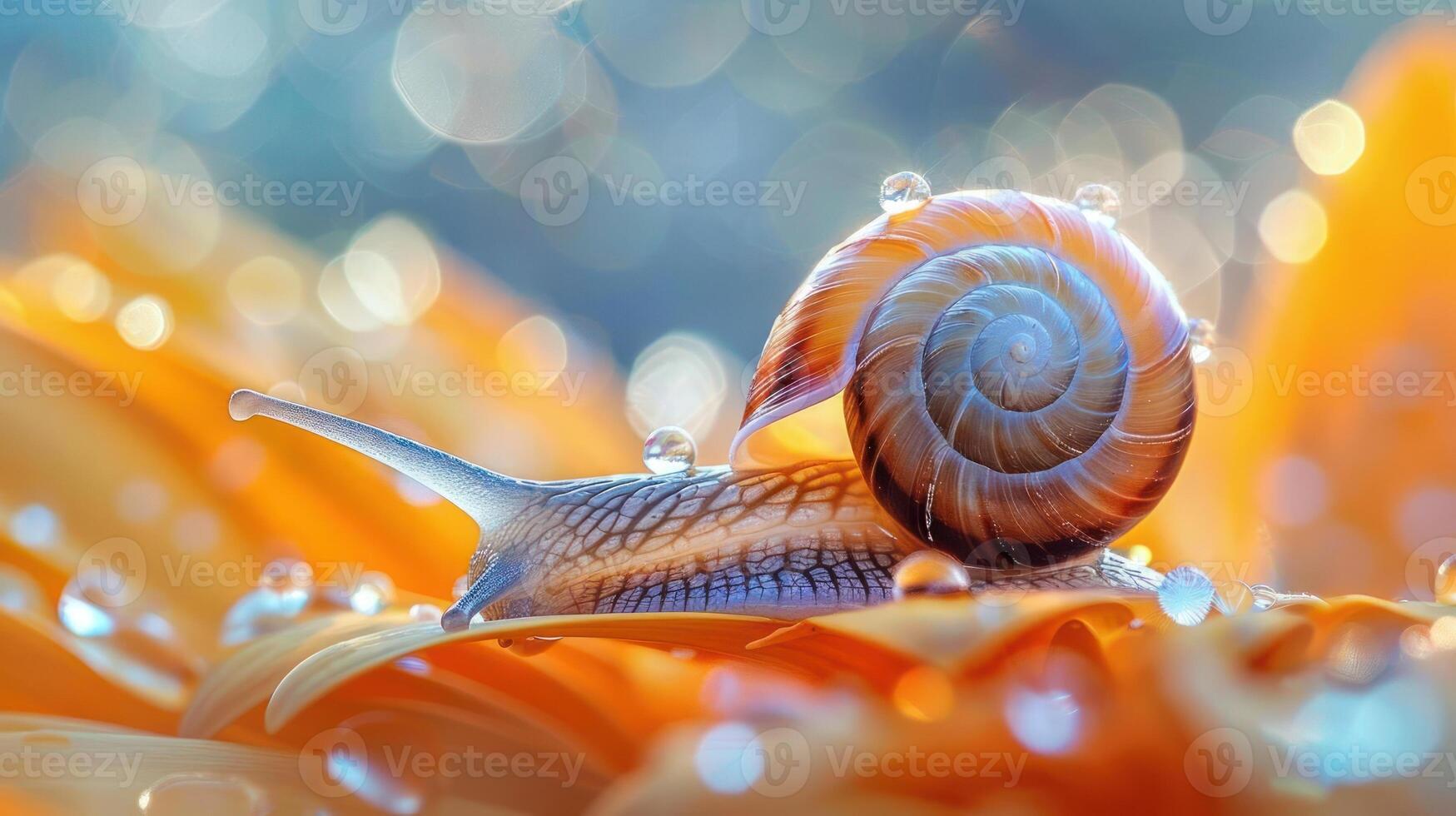 a snail on a vibrant orange flower with water droplets glistening around it. photo