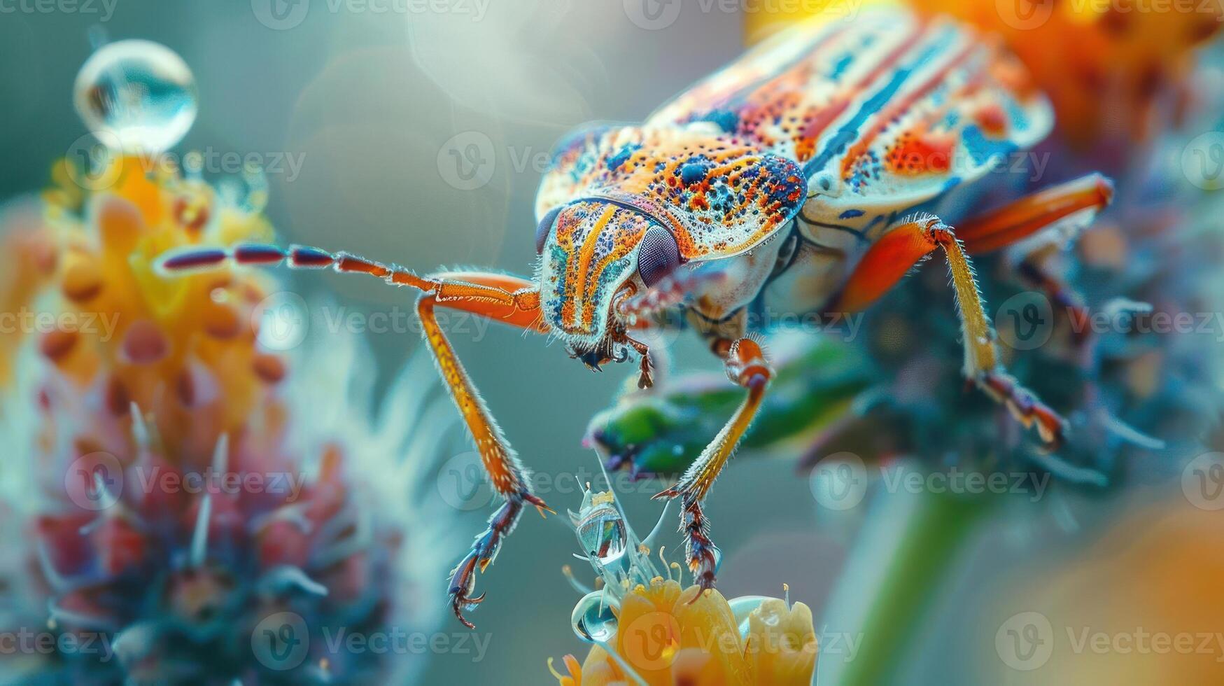 A close-up photo of a vibrant, multi-colored bug or beetle, possibly in the genus Acridoidea,