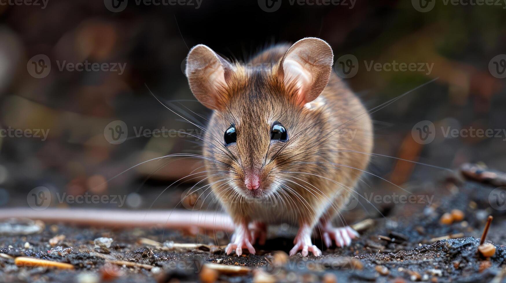 A small, cute brown and white field mouse looking directly at the camera. photo