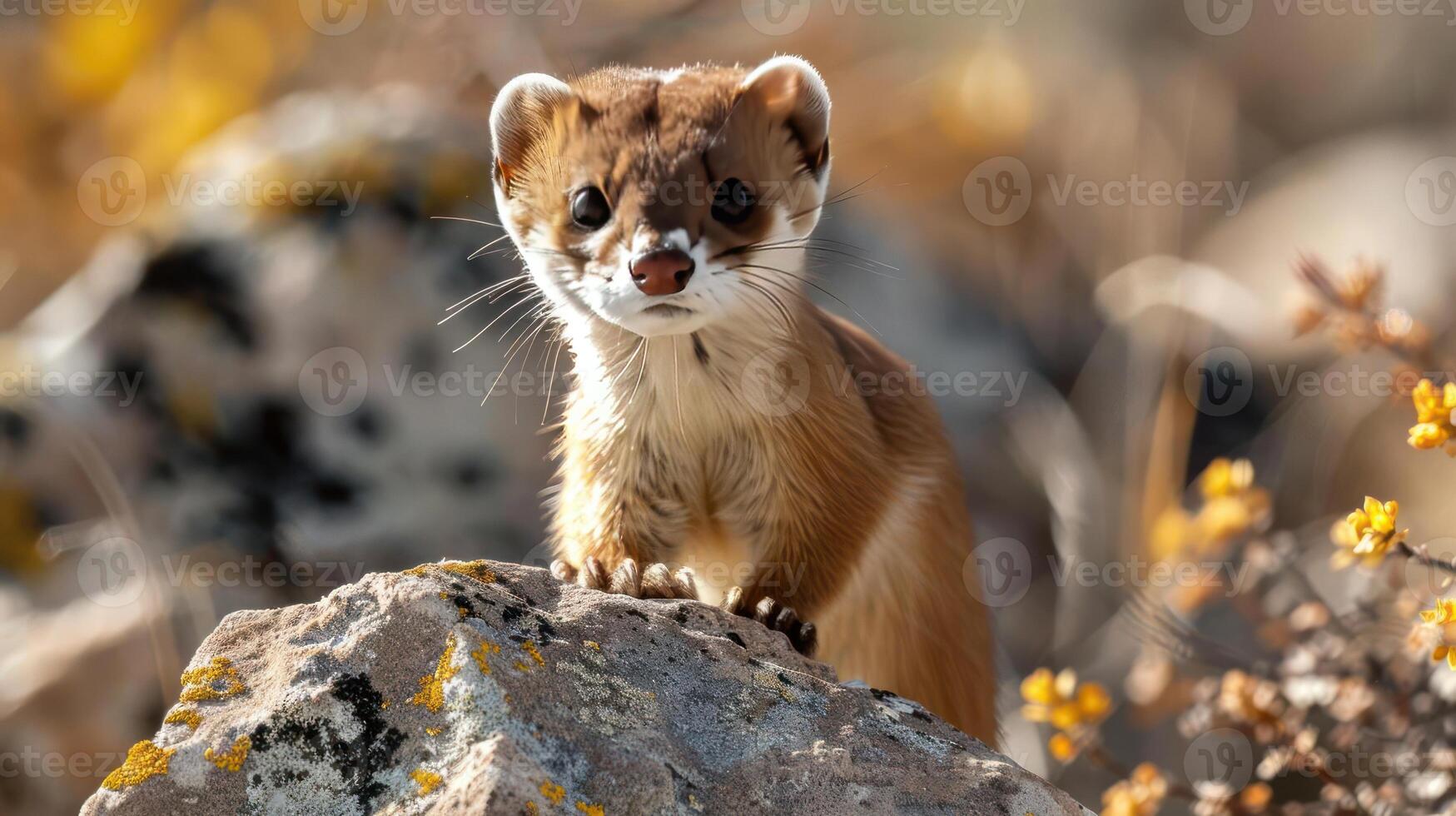 A very adorable, young coyote cub with big ears and brown eyes standing on a rock, photo