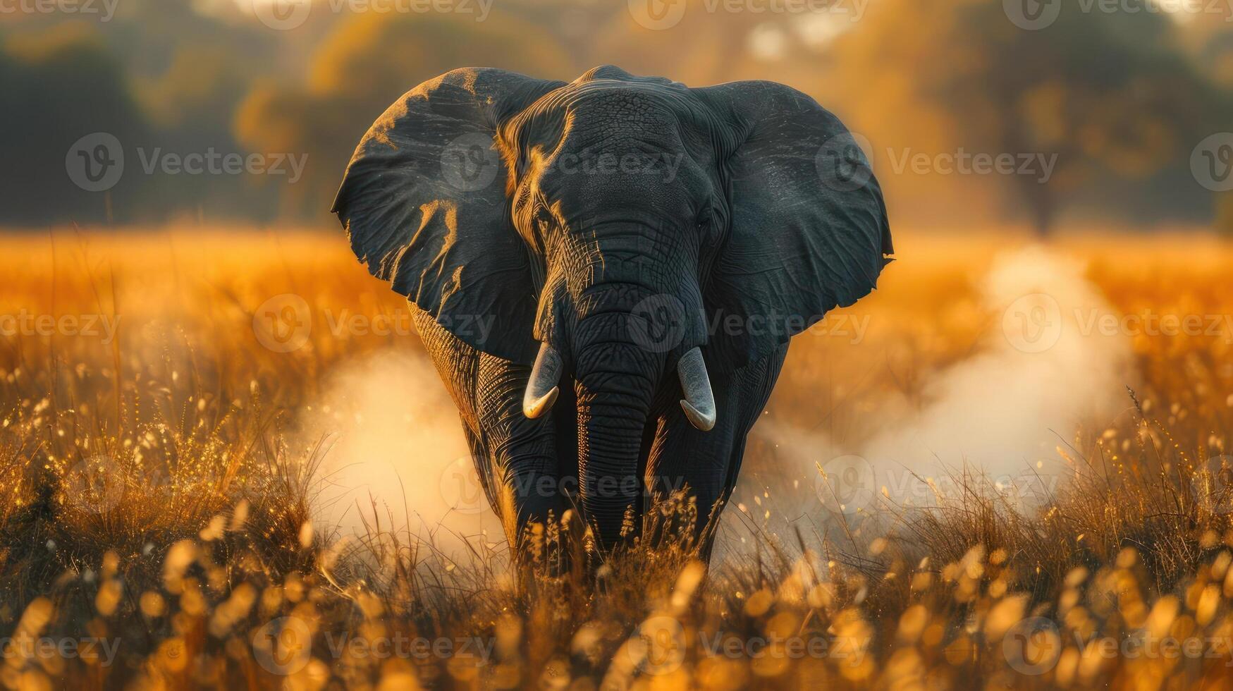 A majestic grey elephant walking across a lush, photo
