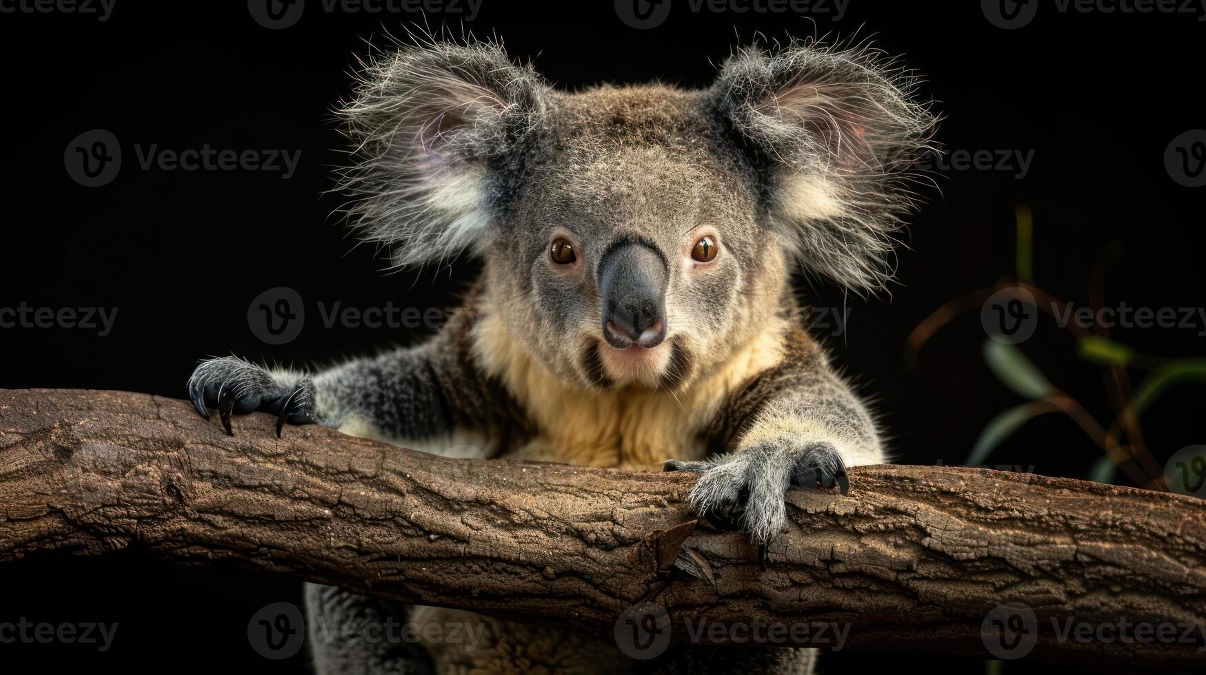 A koala with fluffy gray fur sits atop a brown branch, looking directly into the camera. photo