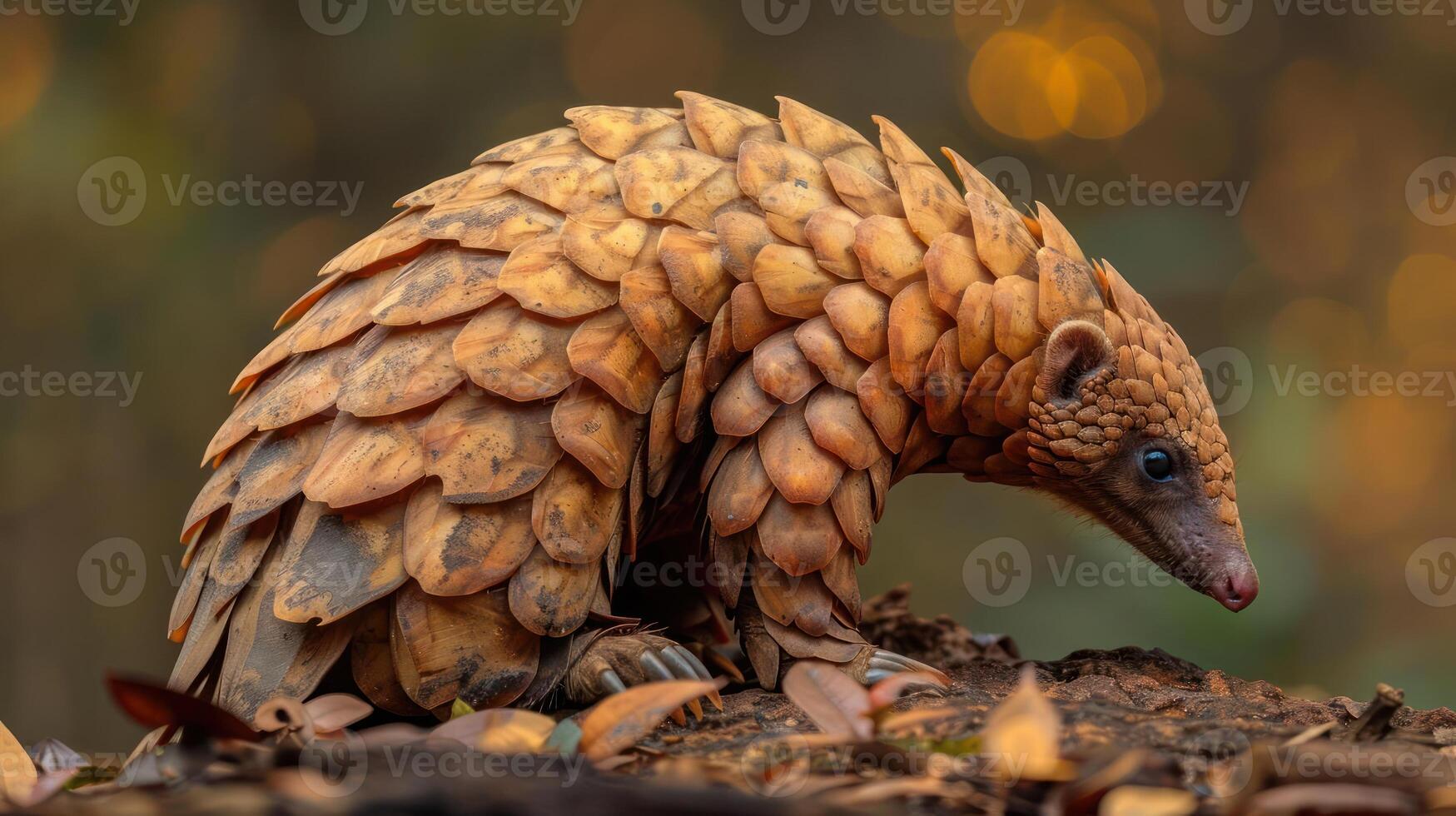 A single pangolin standing on a forest floor. photo