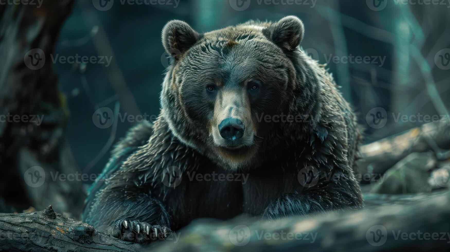 A large brown bear stands in the foreground, photo