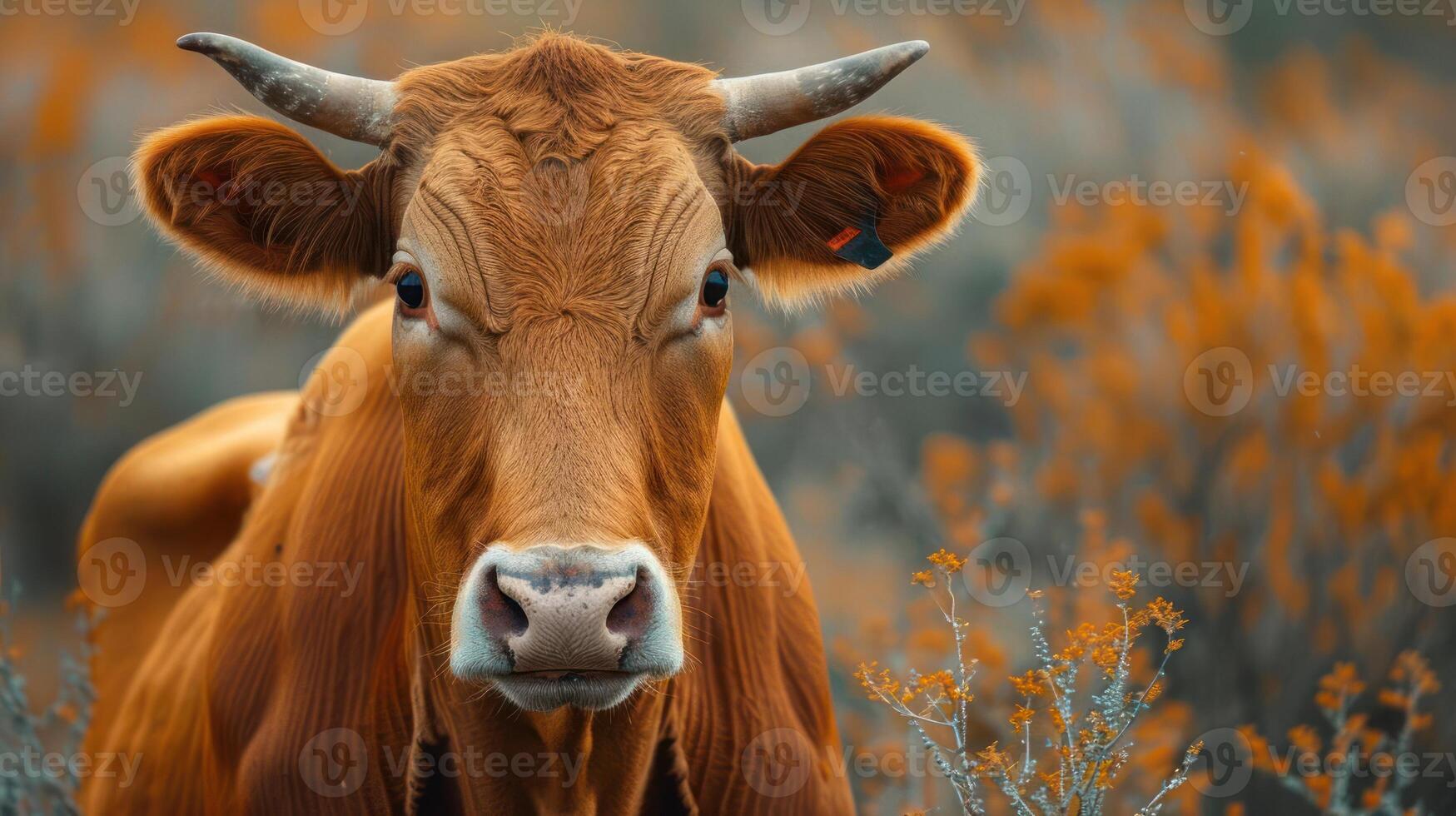 A brown cow stands calmly in a field covered with dry grass. photo