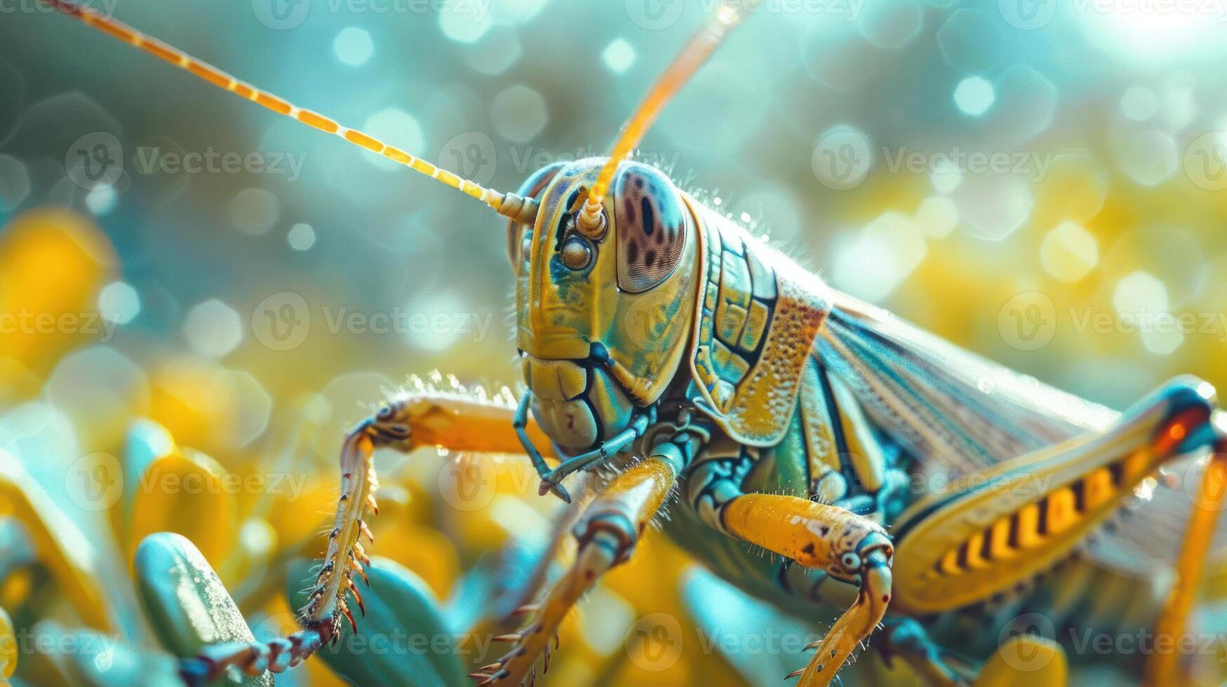 A yellow and black insect is shown in close up against a soft-focus background with blurred yellow f photo