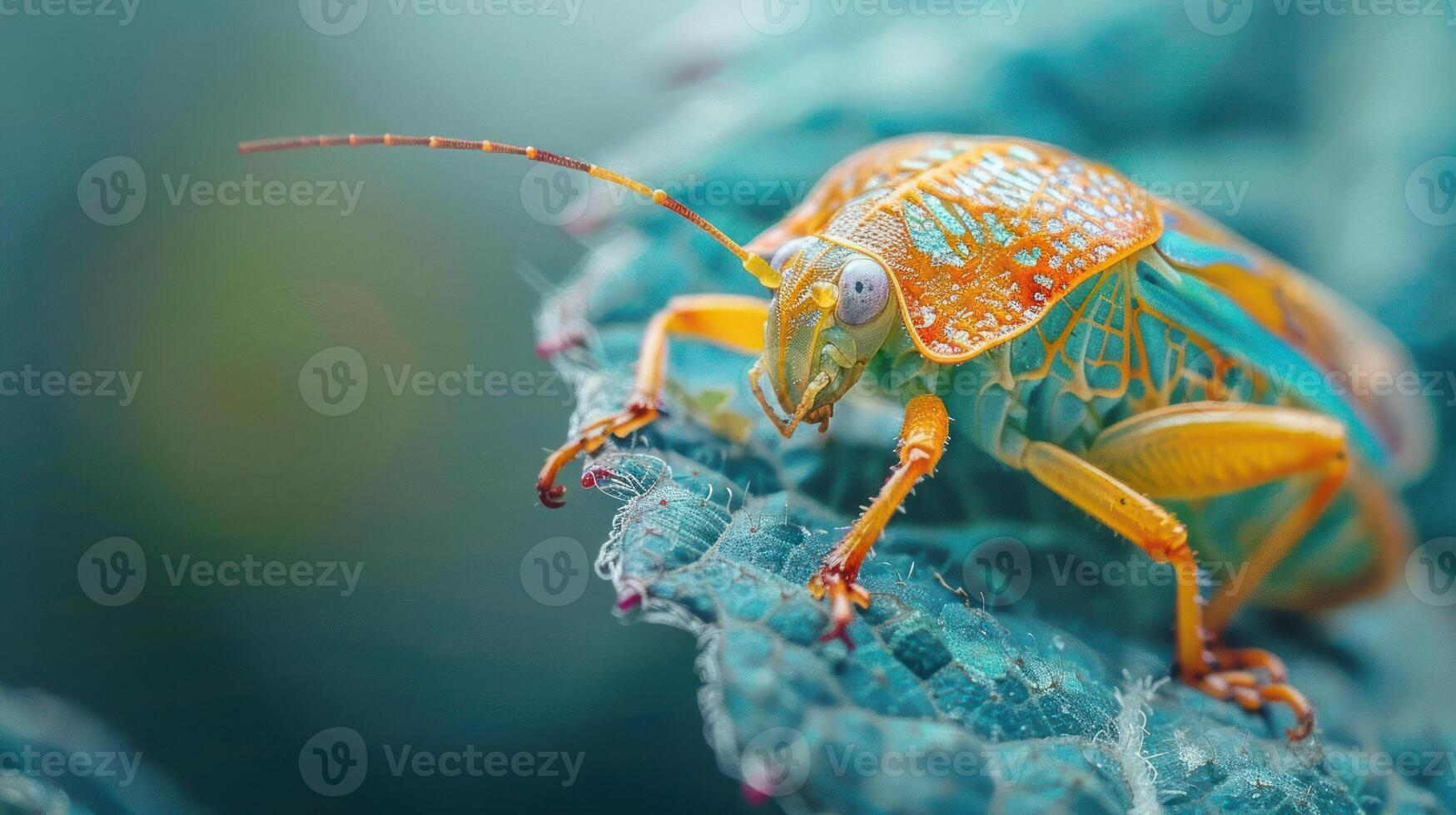 A close-up of a colorful lady beetle on a textured blue surface. photo
