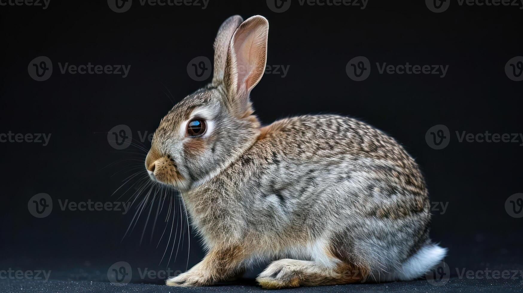 Adorable baby bunny sitting on black surface with a black background, photo