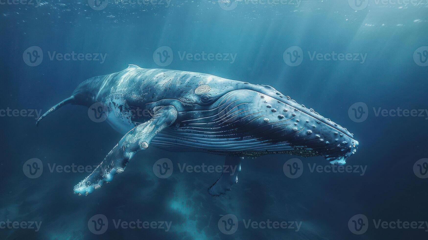 A majestic underwater scene featuring the tail end of a large humpback whale, photo