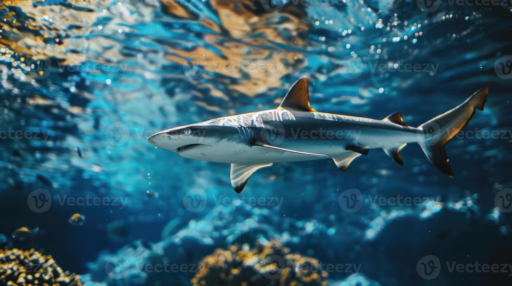 A large shark is swimming in the ocean, surrounded by vibrant coral reefs. photo
