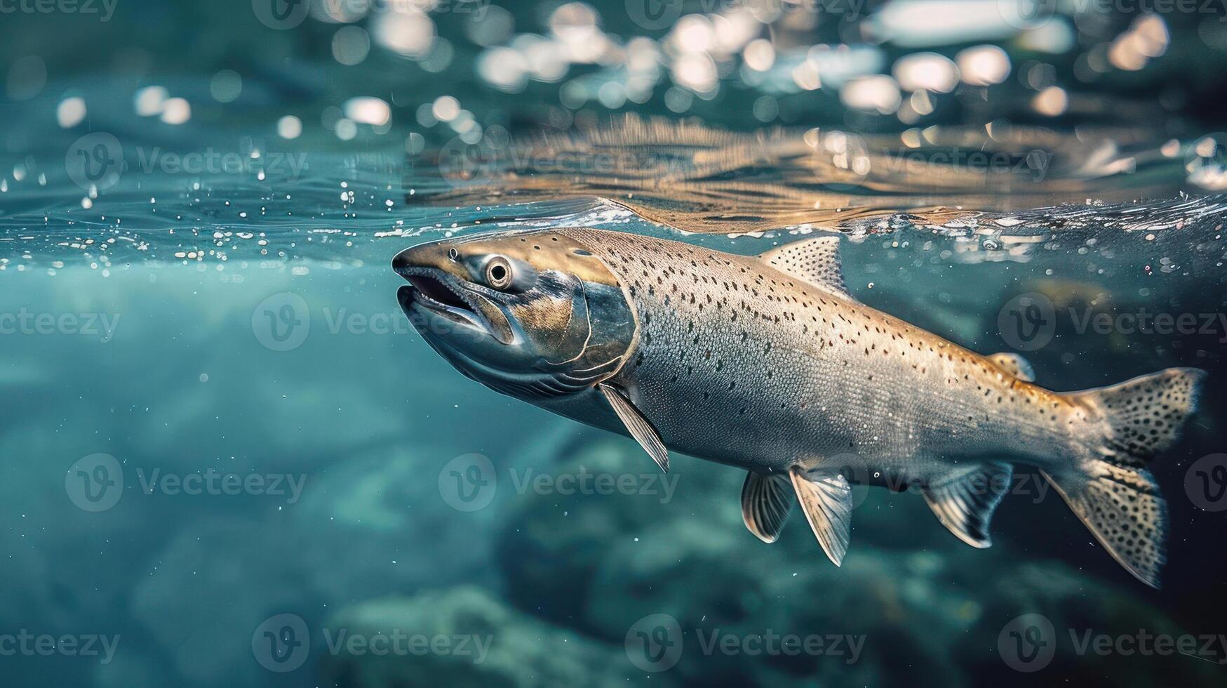 a close-up photo of a salmon swimming near the surface. The fish appears strong and healthy,
