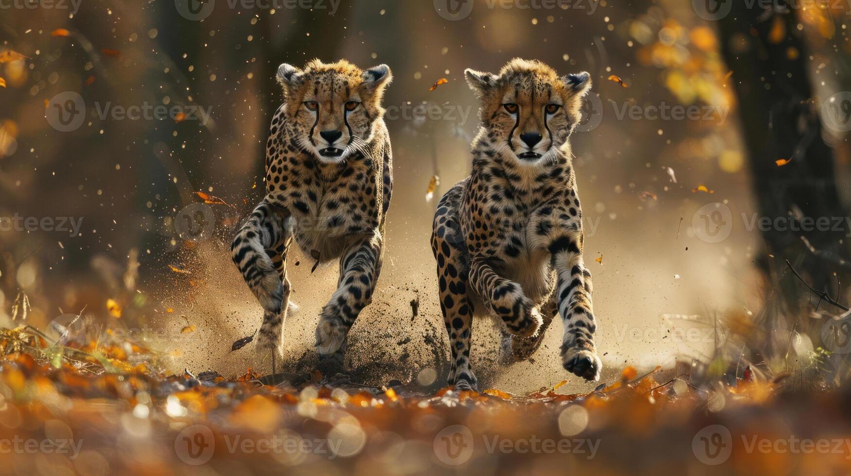 Two cheetahs running swiftly through a forest, photo