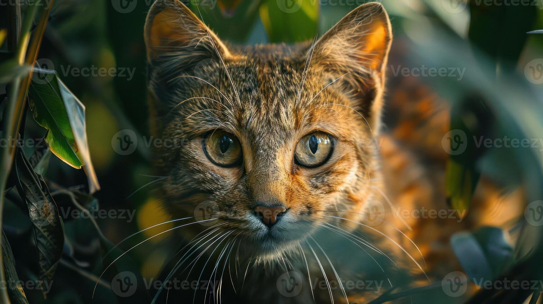 A small cat peeks through the vegetation, surrounded by foliage and leaves. photo
