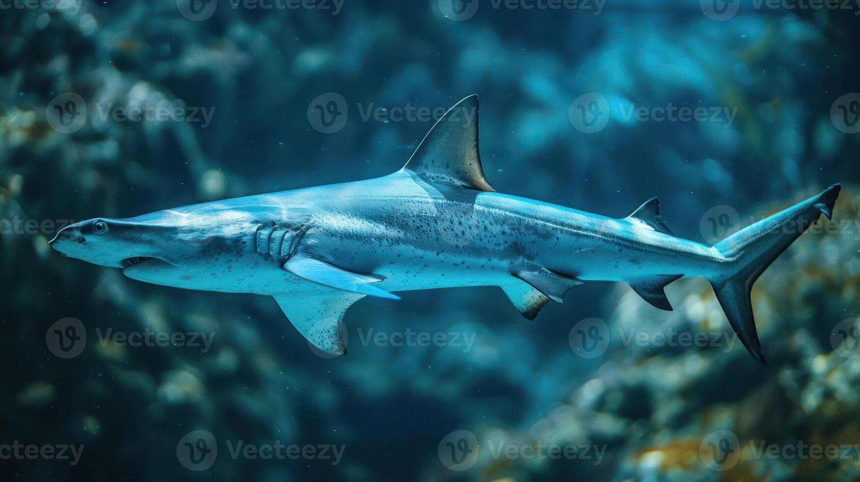 A close up of a great white shark in the ocean. photo