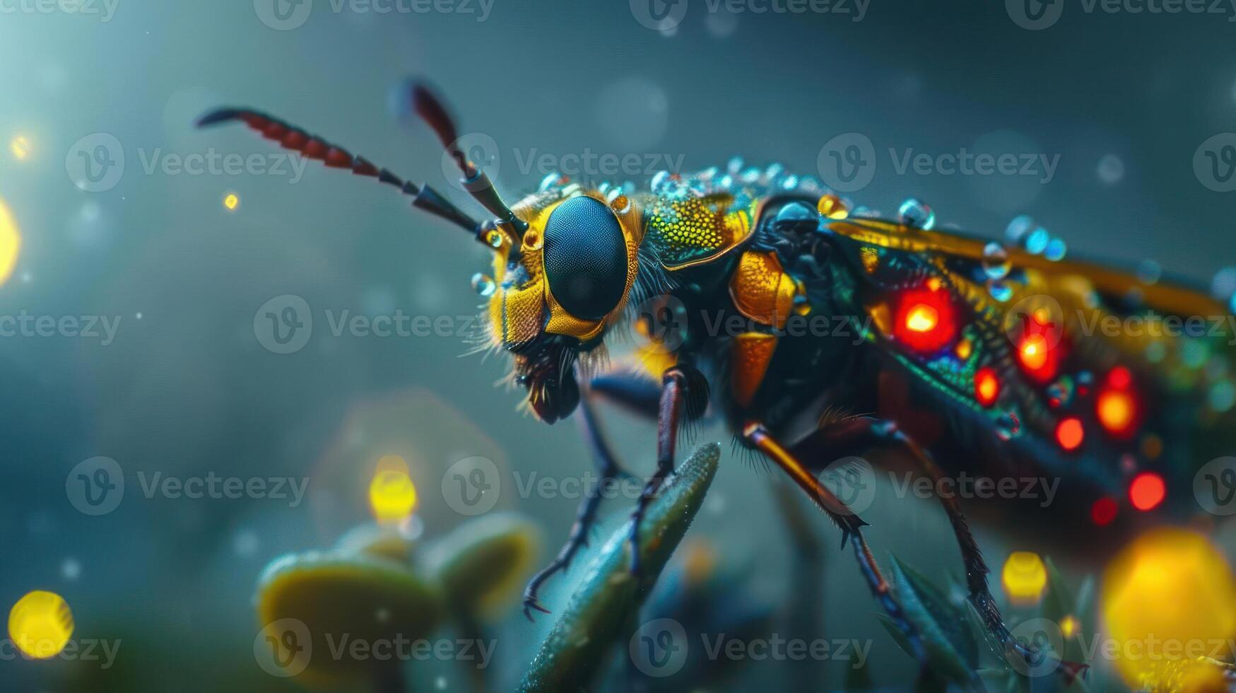 A bee adorned with LED light effects, glowing with warmth and vibrancy against a dark background. photo