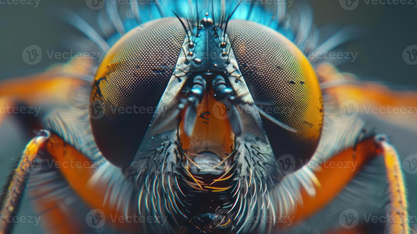 A close-up of a striped wasp's face, showing its large eyes and vibrant colors. photo