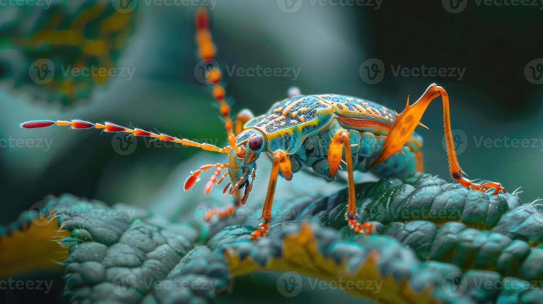 A colorful bug crawling on a green leaf with a blurred background. photo