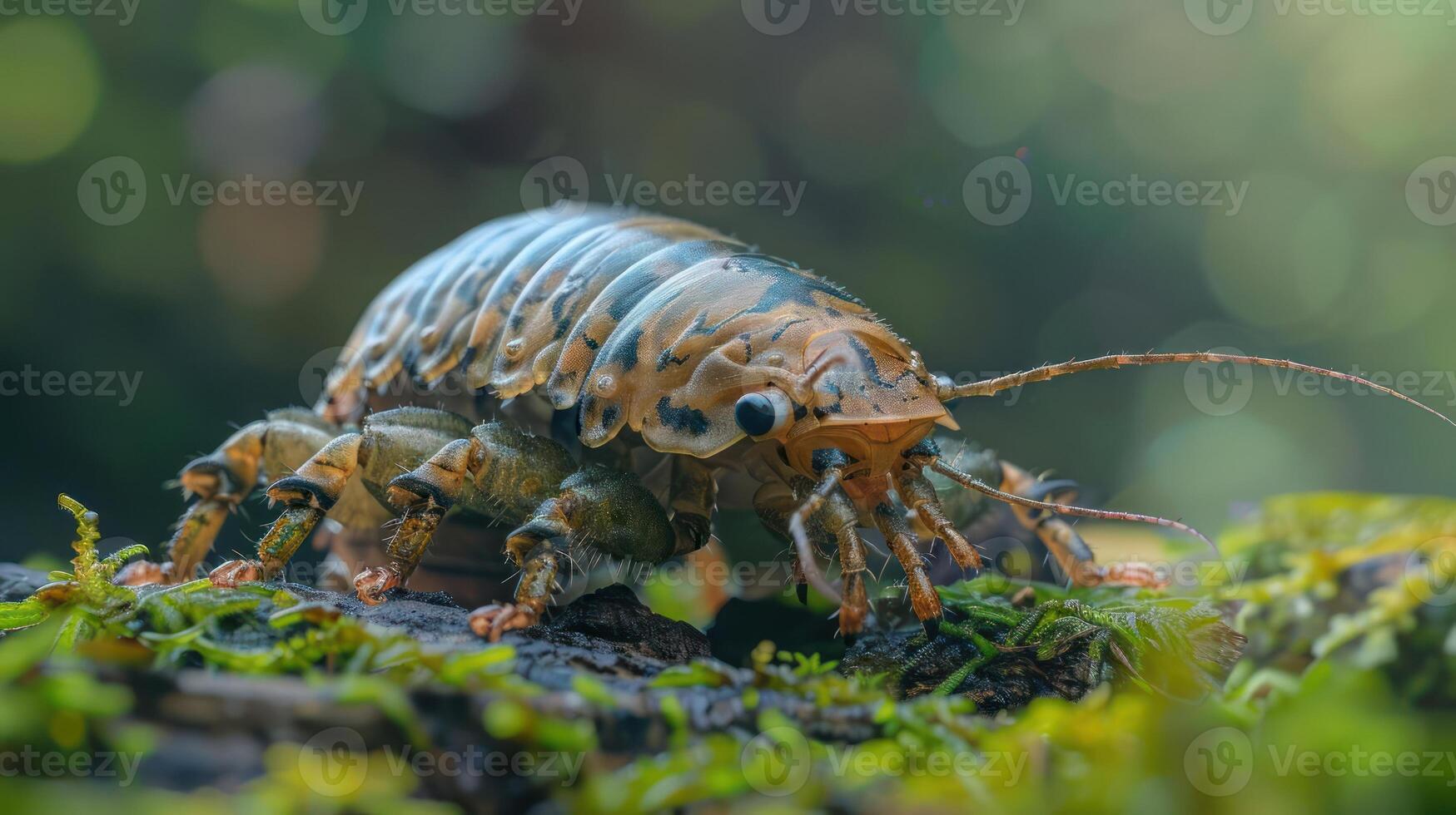 A small crawling insect on a green surface. photo