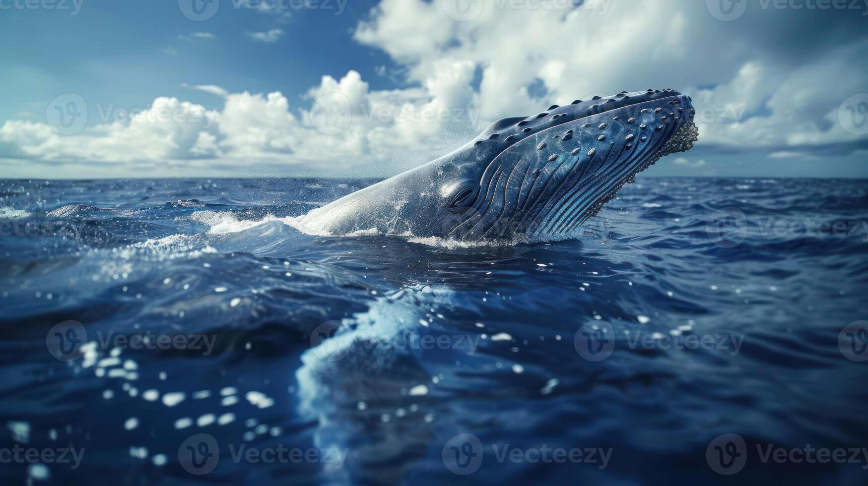 Underwater whale's dorsal fin slicing through the blue ocean water. photo