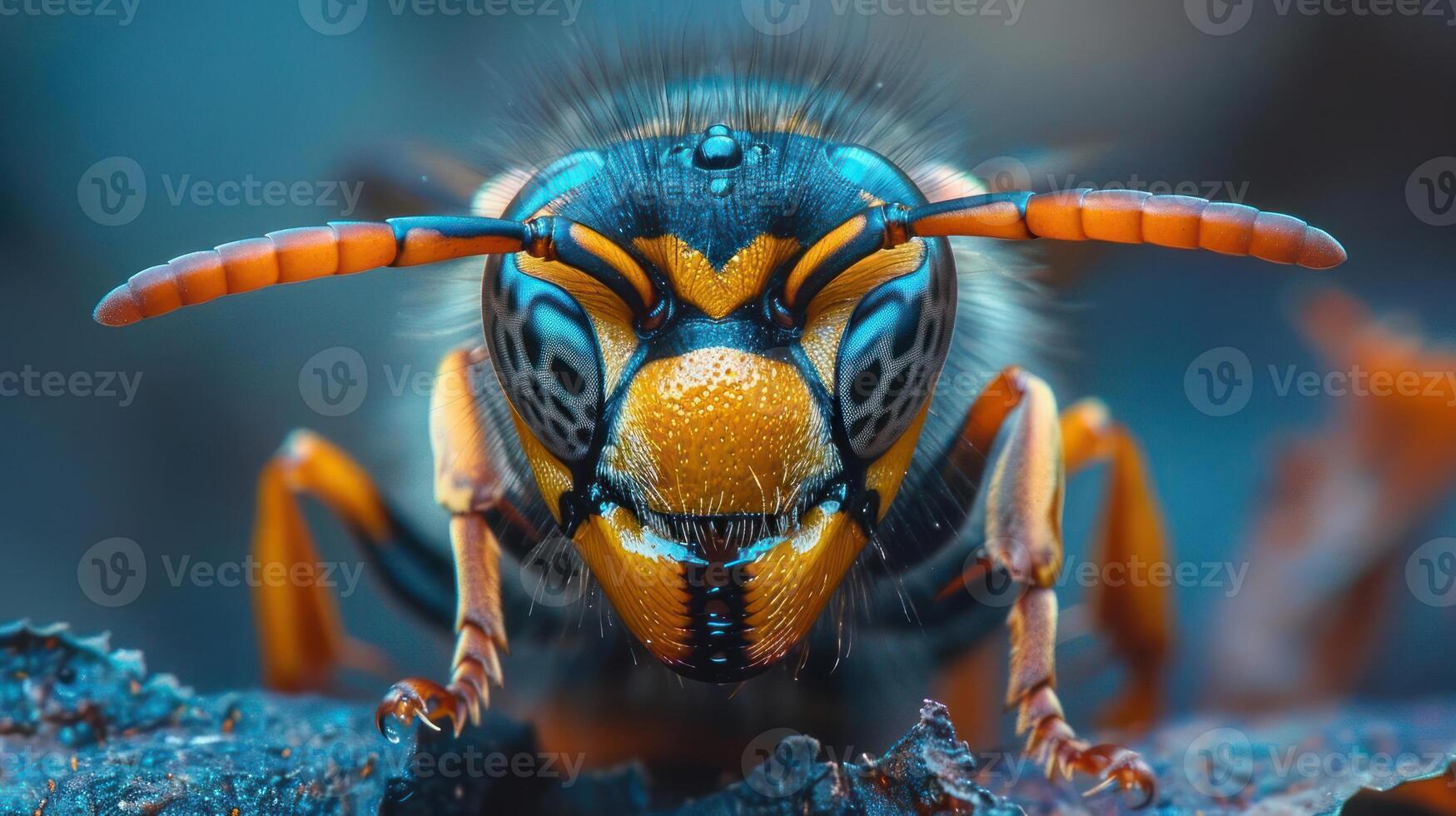 A close-up of a bee's head, showing its distinctive colors and markings. photo
