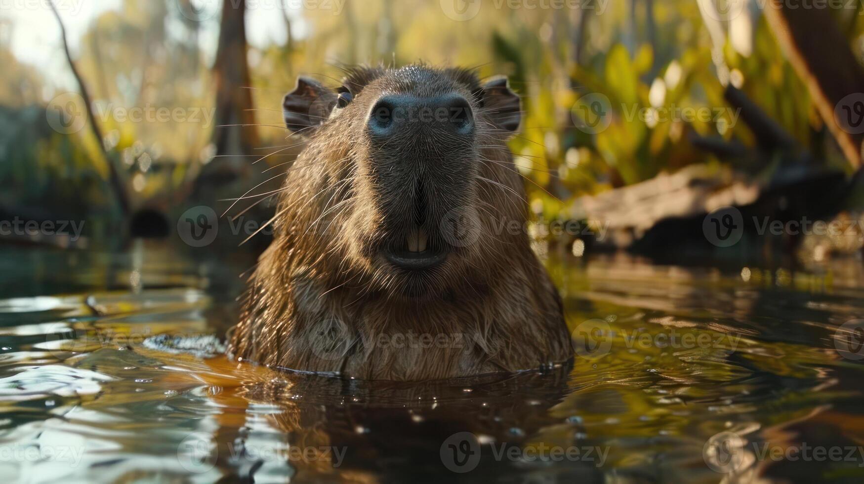 A rat swimming through a flooded area, possibly looking disheveled or uncomfortable. photo