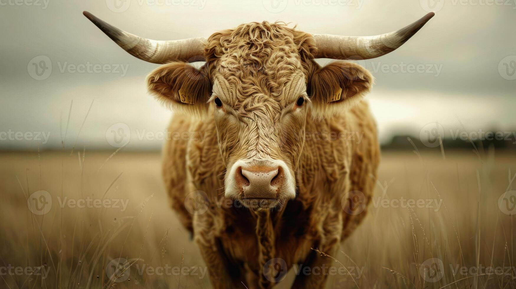 Bull with curled horns and brown fur walking towards camera in grassy field under overcast sky. photo