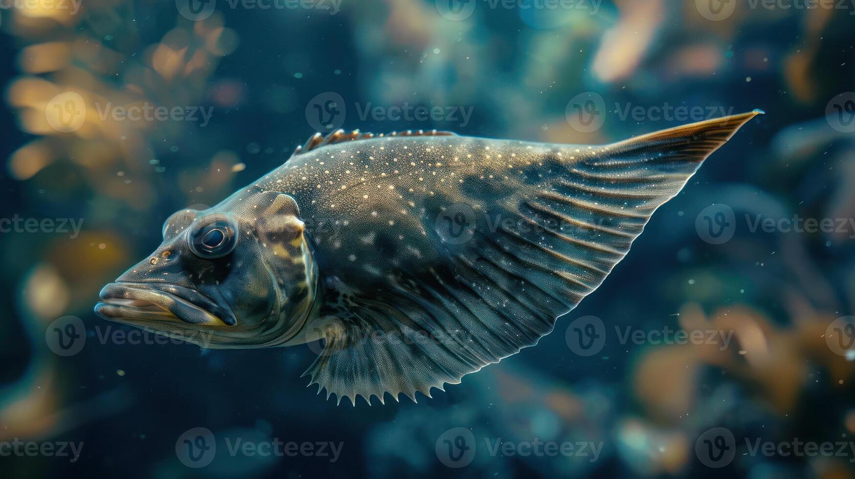 A beautiful underwater scene featuring a large, colorful lionfish swimming by the ocean floor. photo