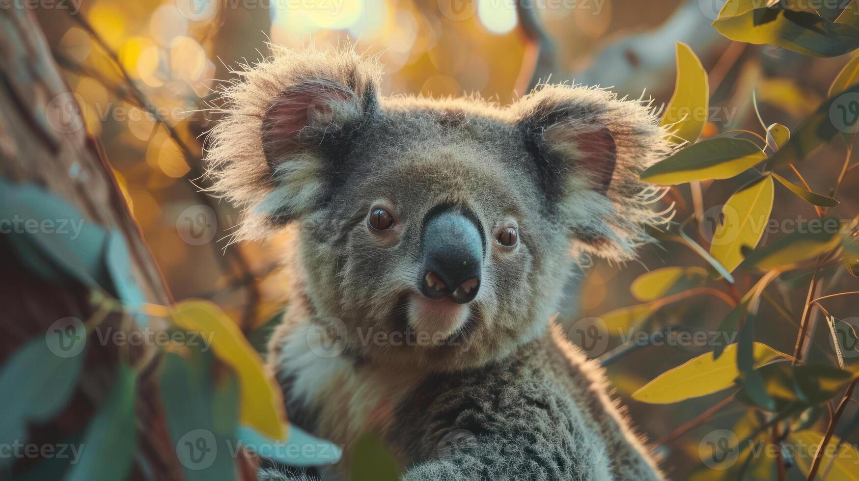 Adorable koala peeks out from behind a tree, capturing an endearing moment of wildlife. photo