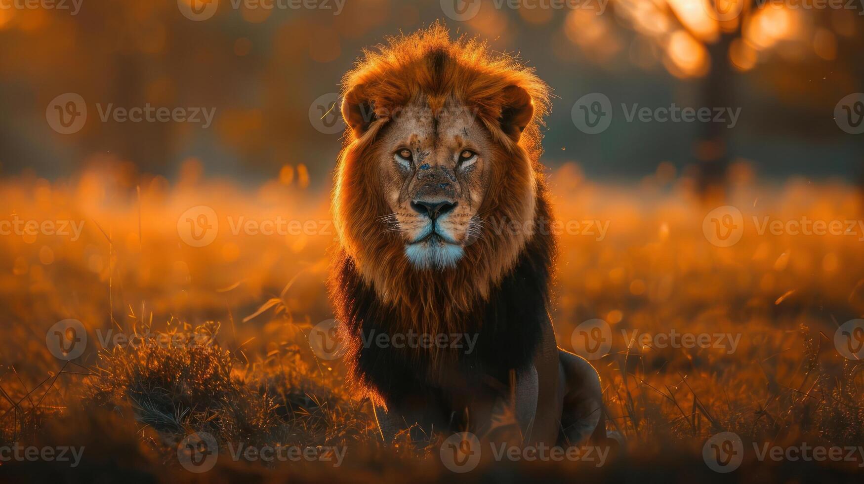 A majestic lion looks into the distance on a golden, sunset-lit safari. photo