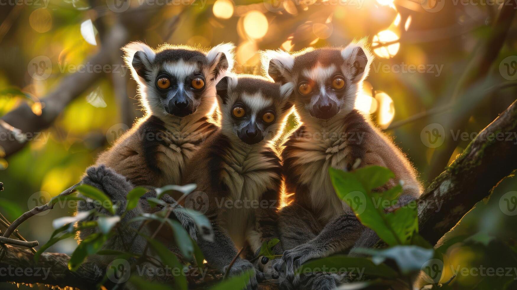 Three monkeys sitting together on a branch, possibly a mother and her two young ones, photo