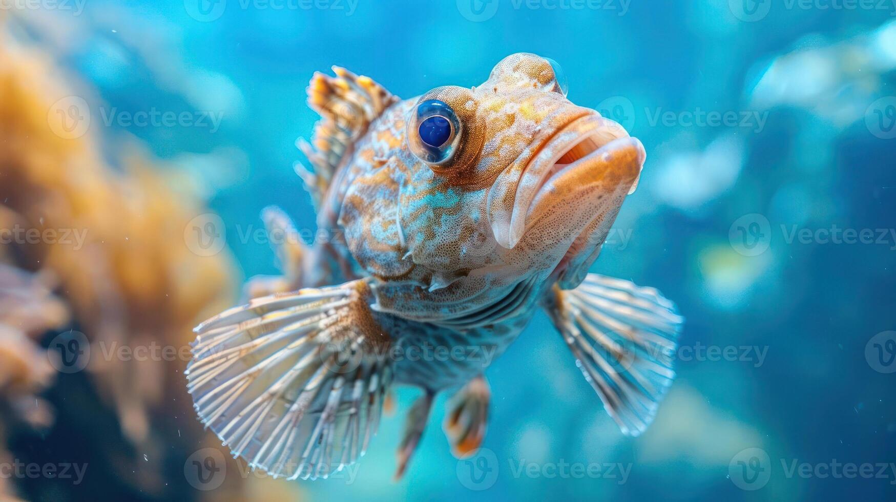 A vibrant orange and blue clownfish faces the camera. photo