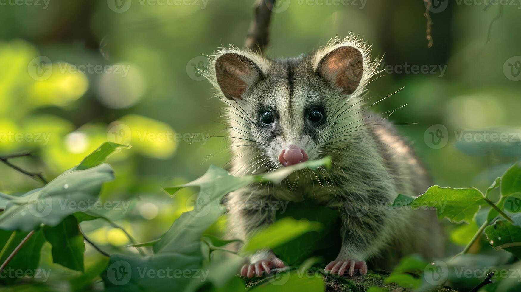A cute little hedgehog peeks out from the leaves in a forest setting. photo