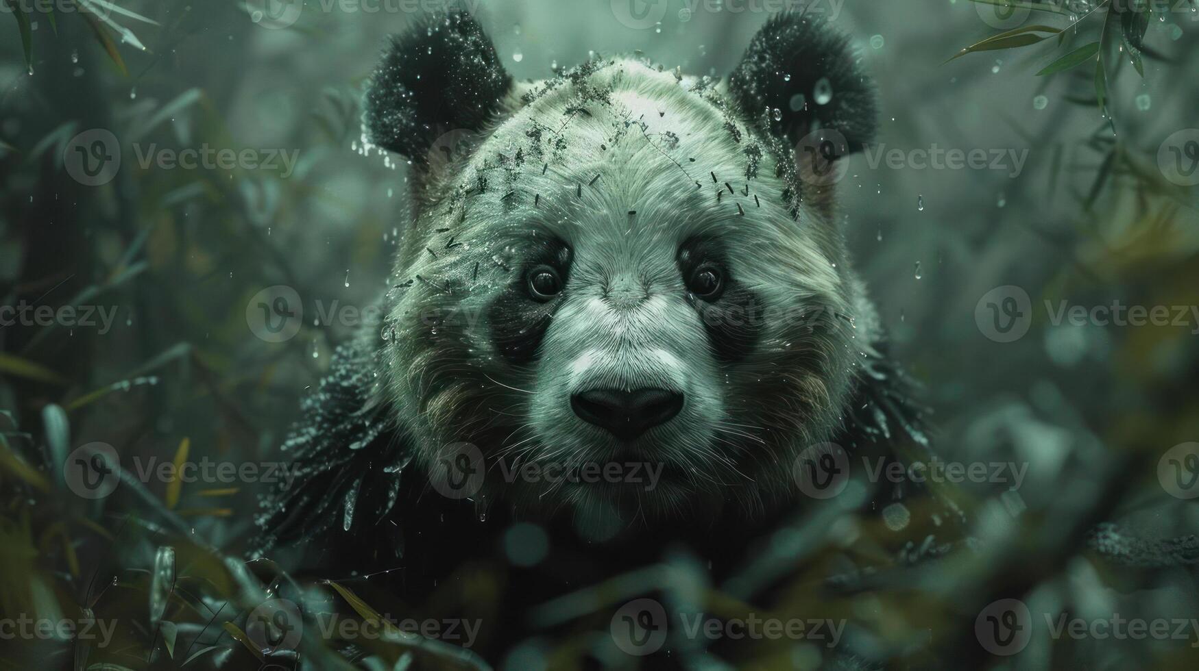 A panda bear emerges from the foggy woods of China, photo