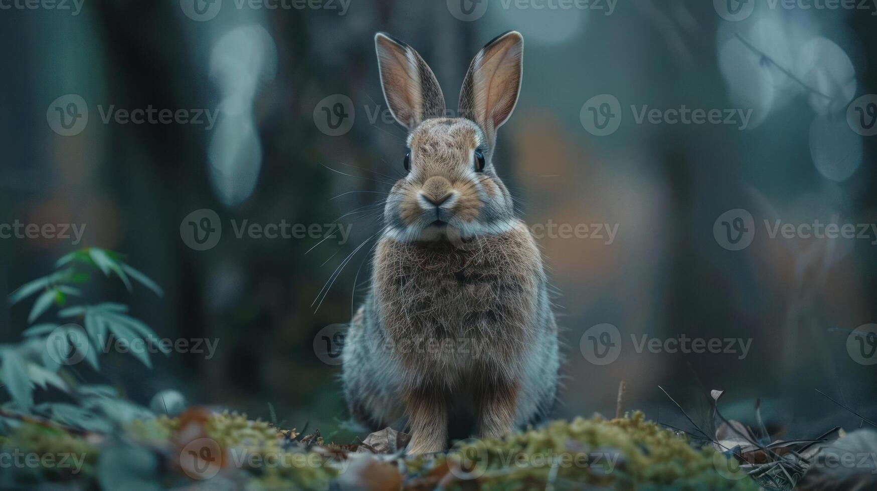 A small rabbit with large ears and twinkling eyes stands on a forest floor surrounded by foliage, photo