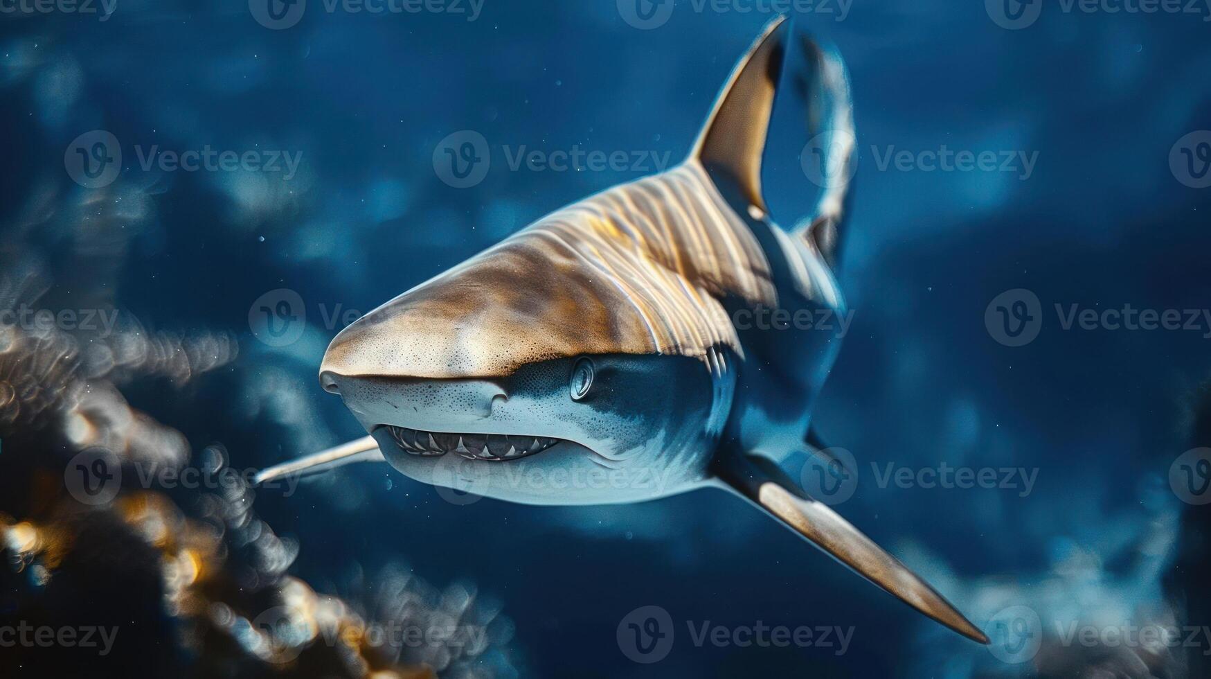 A close-up shot of a white shark with black fins swimming under the ocean's surface. photo