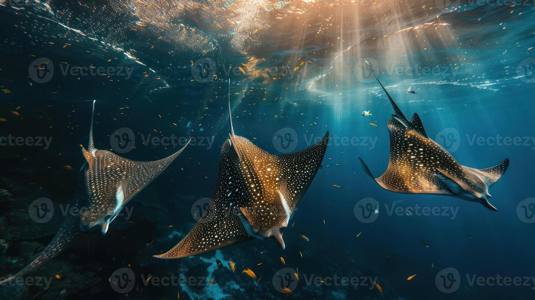 Three stingrays swimming in a clear ocean with sunlight filtering through the water. photo