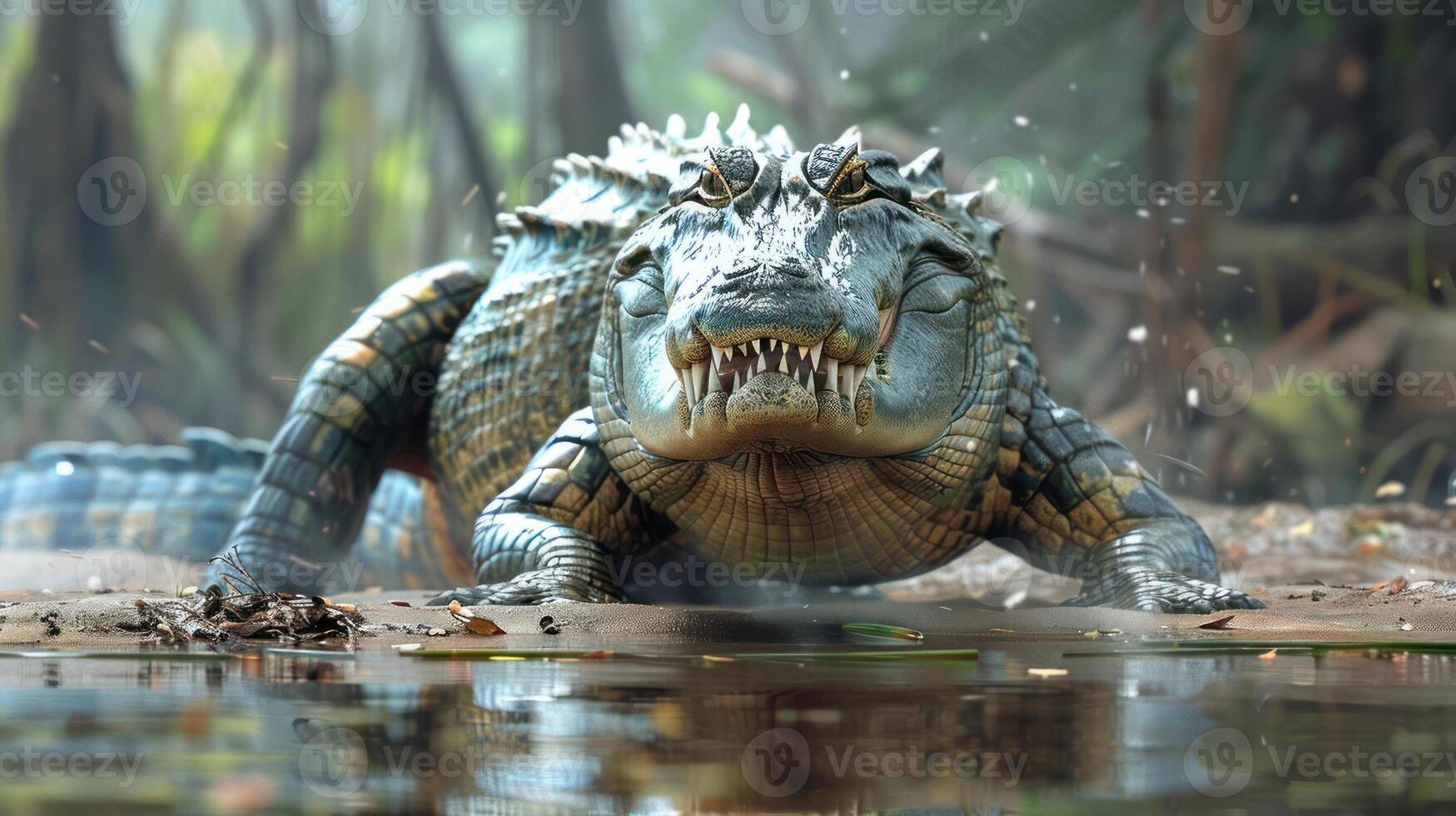 A large alligator standing in water, possibly indicating a predator-prey scenario. photo
